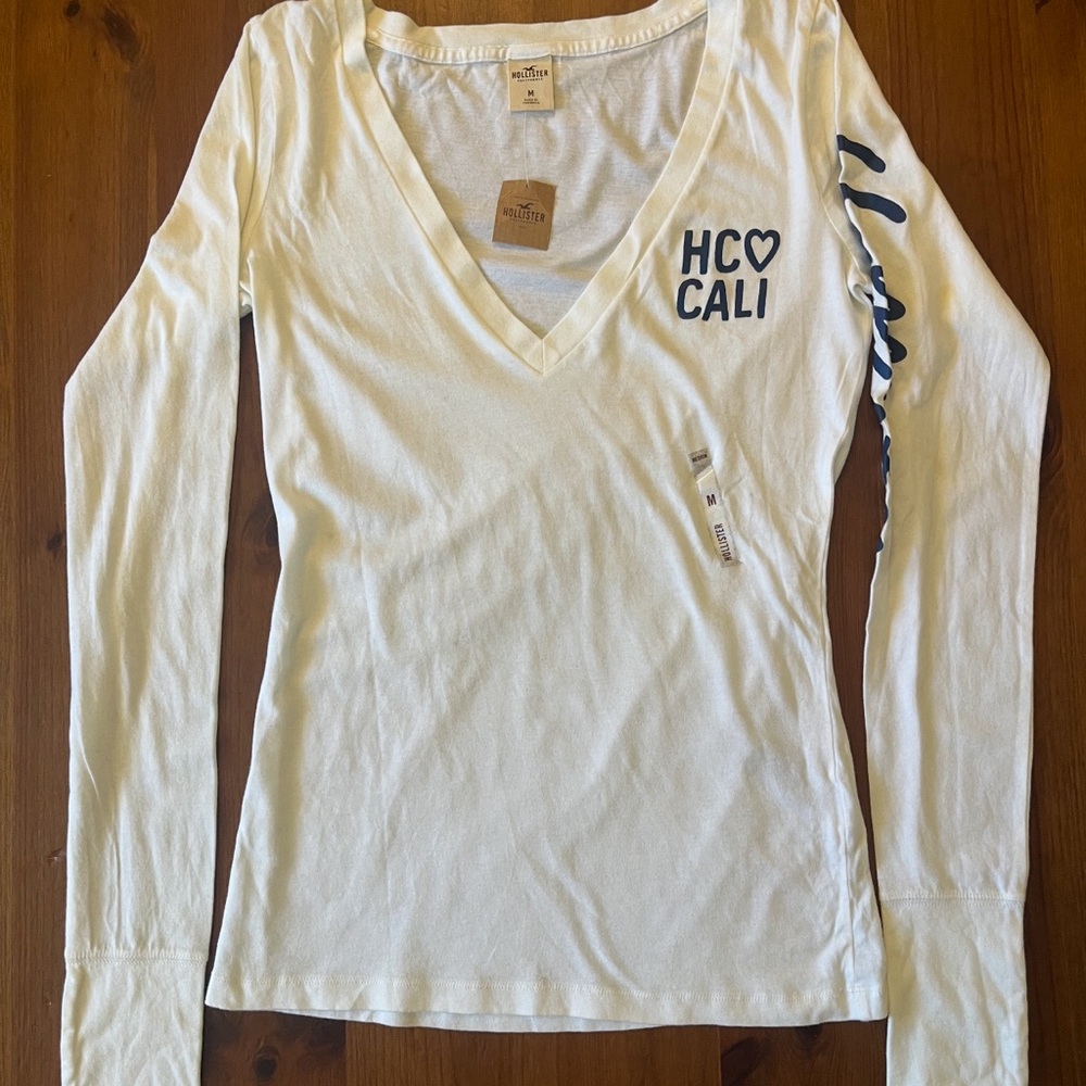 Hollister White Long Sleeve Tee with Navy Accents